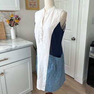 100% Linen Dea Positano Mother Of Pearl Buttons Sleeveless Colorblock Midi Dress